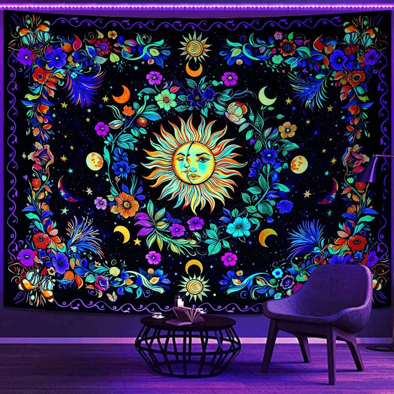 Lifeella Blacklight Sun and Moon Tapestry, Glow in The Dark UV Reactive Wall Decor, Aesthetic Bohemian Tapestries for Bedroom Living Room, Mystic Floral Art 36Ã—48 inches - Image 1