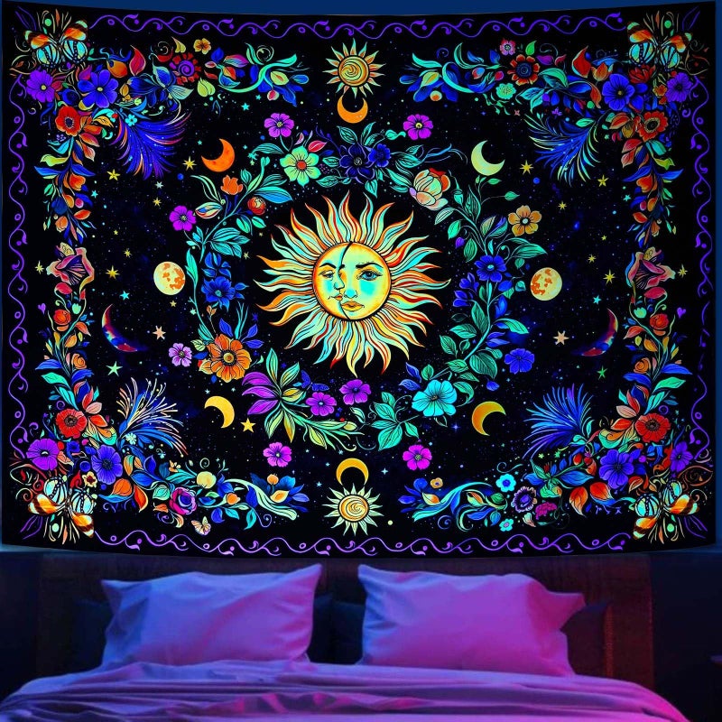 Lifeella Blacklight Sun and Moon Tapestry, Glow in The Dark UV Reactive Wall Decor, Aesthetic Bohemian Tapestries for Bedroom Living Room, Mystic Floral Art 36Ã—48 inches - Image 4