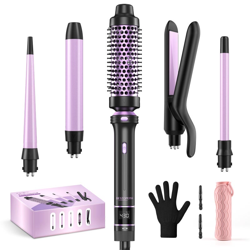 BESTOPE PRO 5 in 1 Curling Iron, Curling Wand Set with Thermal Brush, Flat Iron Hair Straightener, 3 Ceramic Irons (0.35"-1"), 13 Adjustable Temps, Hair Curler Waver with Heat Resistant Mat, Glove, Clip - Image 1