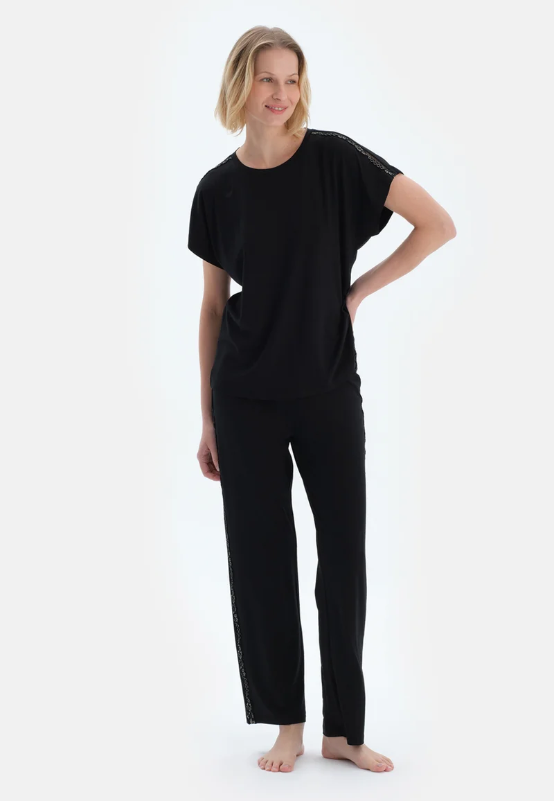 Regular/Classic Fit T-shirt & Trousers Pajama Sets Crew Neck Viscose Blend Sleepwear