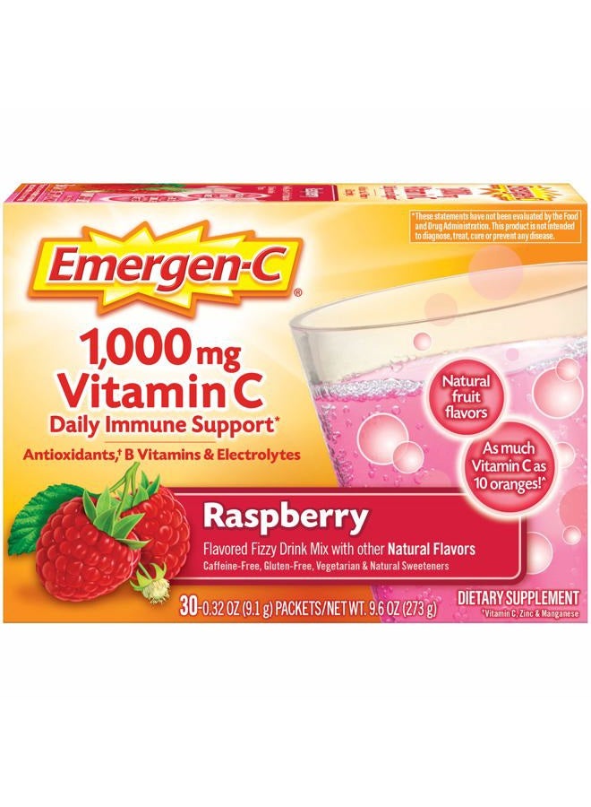 Emergen-C (30 Count, Raspberry Flavor, 1 Month Supply) Dietary Supplement Fizzy Drink Mix with 1000mg Vitamin C, 0.32 Ounce Packets, Caffeine Free - Image 1