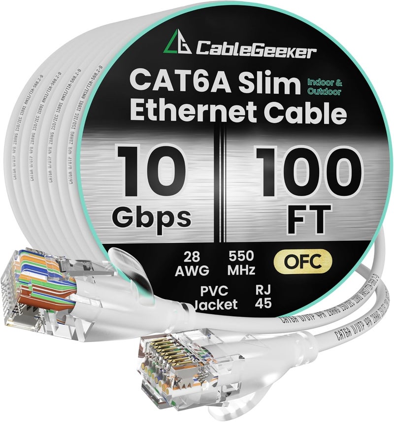 CableGeeker CAT6A Slim Ethernet Cable 100FT, 10Gbps 550MHz High Speed Network Cable with Matte Finish Connector, OFC Pure Copper, PVC Jacket, RJ45 for Gaming, Data Centers, Home & Office (White) - Image 1