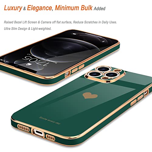 Teageo Compatible with iPhone 12 Pro Case for Girl Women Cute Love-Heart Luxury Plating Soft Back Cover Raised Camera Protection Bumper Silicone Shockproof Phone Case for iPhone 12 Pro, Darkish Green - Image 4