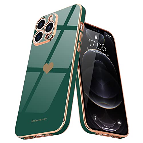 Teageo Compatible with iPhone 12 Pro Case for Girl Women Cute Love-Heart Luxury Plating Soft Back Cover Raised Camera Protection Bumper Silicone Shockproof Phone Case for iPhone 12 Pro, Darkish Green - Image 1