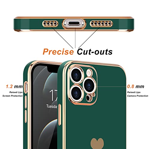 Teageo Compatible with iPhone 12 Pro Case for Girl Women Cute Love-Heart Luxury Plating Soft Back Cover Raised Camera Protection Bumper Silicone Shockproof Phone Case for iPhone 12 Pro, Darkish Green - Image 3