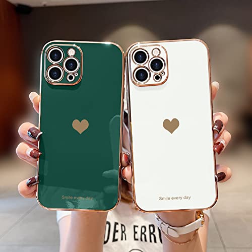 Teageo Compatible with iPhone 12 Pro Case for Girl Women Cute Love-Heart Luxury Plating Soft Back Cover Raised Camera Protection Bumper Silicone Shockproof Phone Case for iPhone 12 Pro, Darkish Green - Image 2
