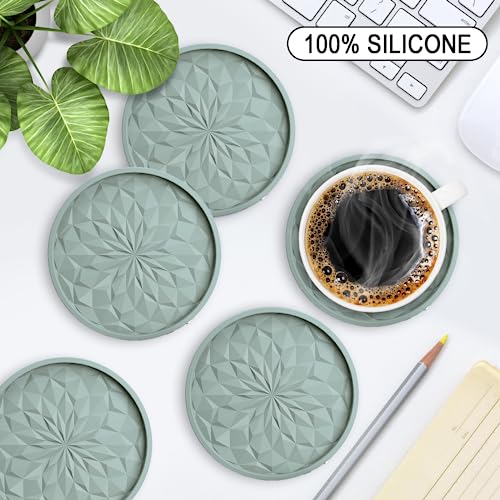 ME.FAN Silicone Coasters with Holder,[6 Pack] Drinking Coasters - Cup Mat for Hot or Cold Drinks, Thickened, Non-Slip, Non-stick,Deep Tray Desert Sage - Image 2