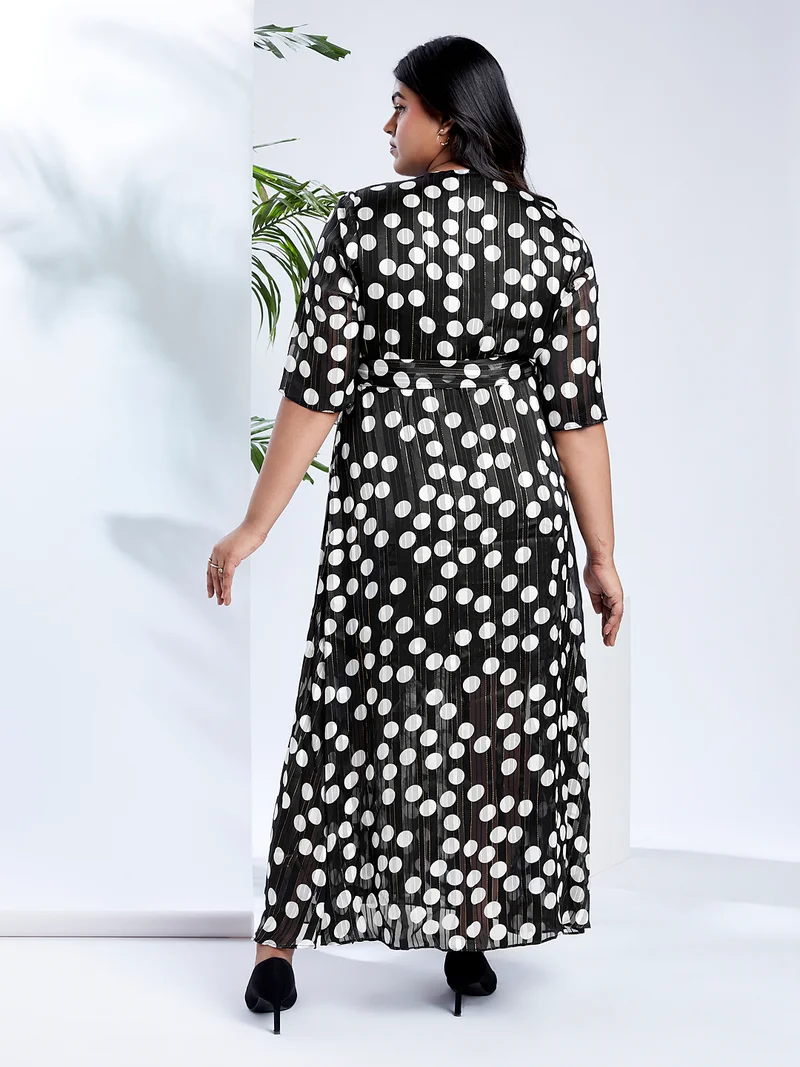 globus Gloplus Women Black V-Neck Polka Dots Lurex Detail Waist Tie-Up Plus Size Maxi Party Wrap Dress