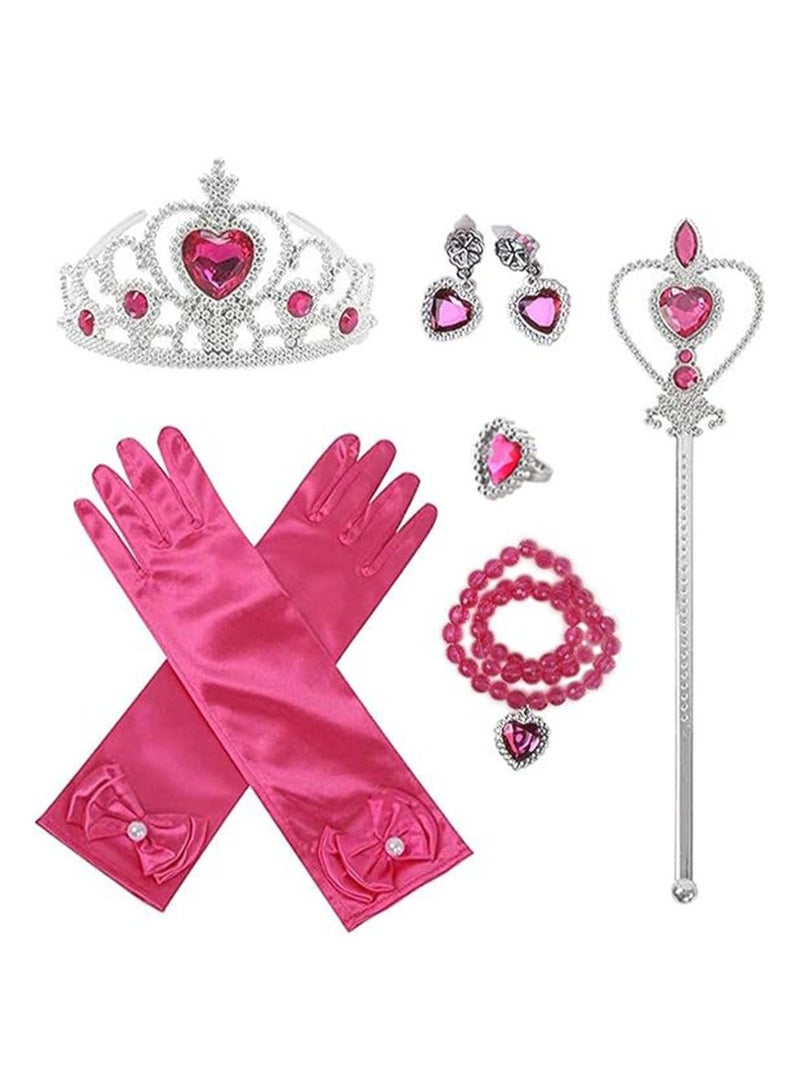 Royal Princess Dress-Up Set - 6 Pcs Accessory Kit for Girls, Rose Red Theme - Gloves, Tiara Crown, Wand, Necklaces, Bracelet, Rings, Earrings - Queen Cosplay Accessories for Little Royalty (Rose Red) - Image 2