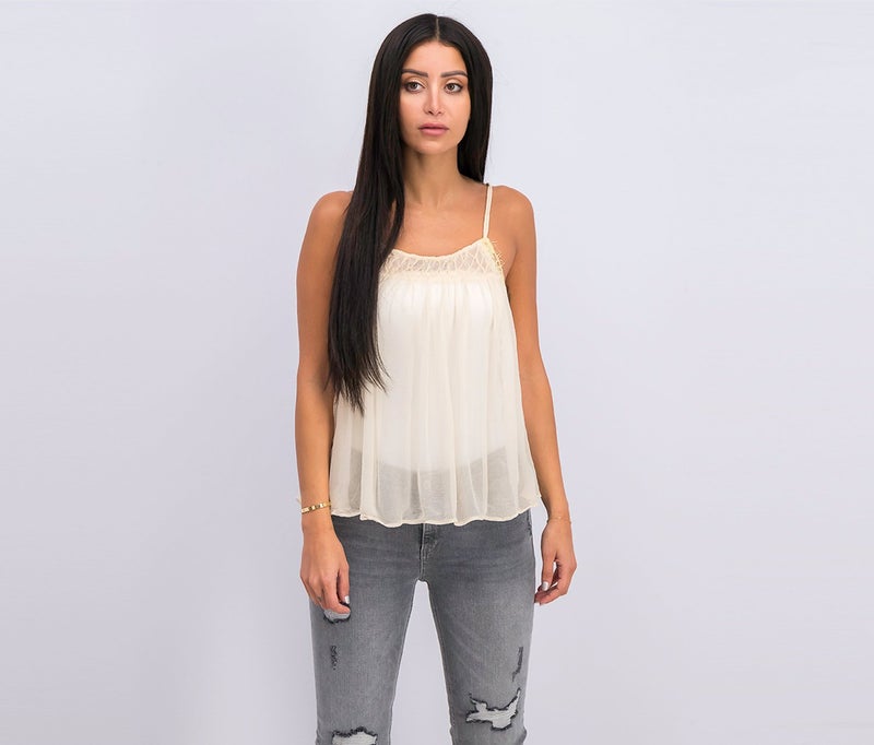 MANGO Women Sleeveless Lace Applique Scoop Neck Top, Ecru - Image 1