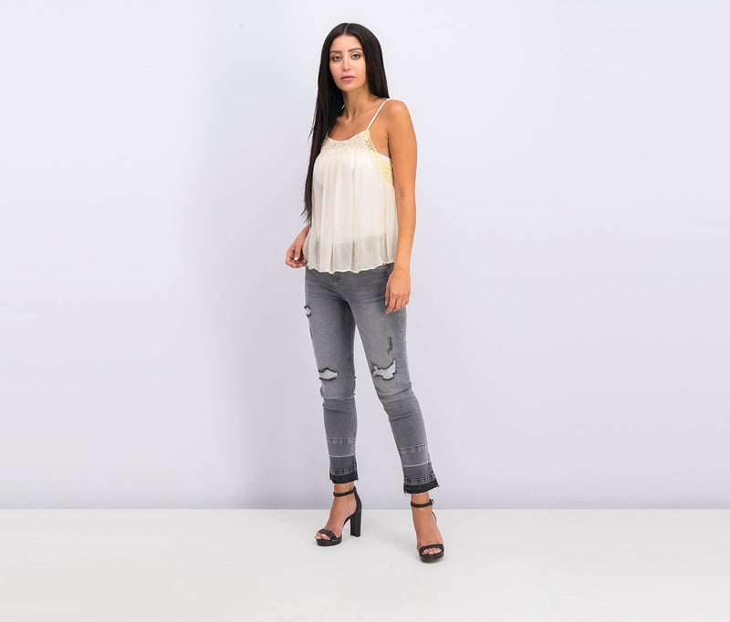 MANGO Women Sleeveless Lace Applique Scoop Neck Top, Ecru - Image 3