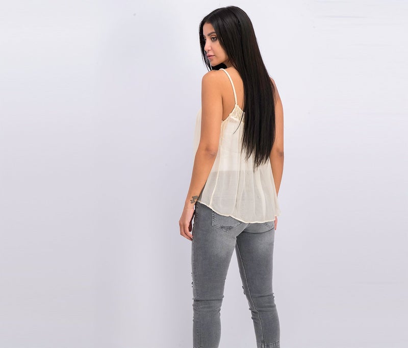 MANGO Women Sleeveless Lace Applique Scoop Neck Top, Ecru - Image 2