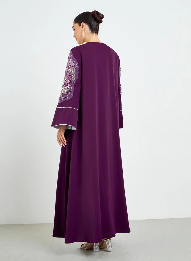 Amirah  Burgundy Embroidered Sleeve A-Line Abaya for Women | Best Price UAE
