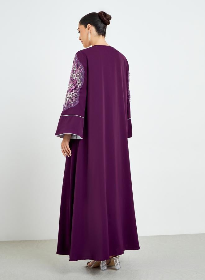 Amirah Burgundy Embroidered Sleeve A-Line Abaya - Image 5
