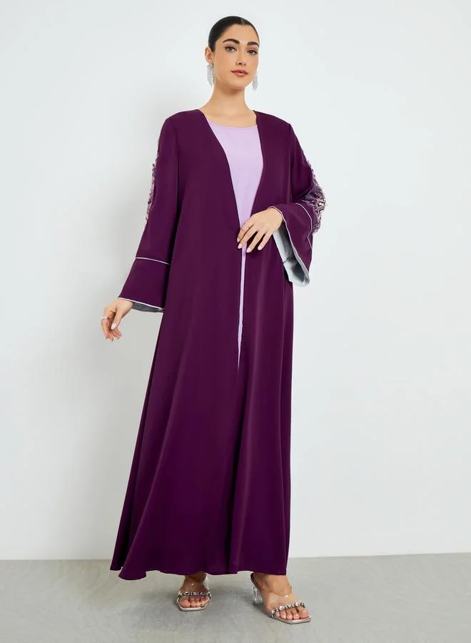 Amirah  Burgundy Embroidered Sleeve A-Line Abaya for Women | Best Price UAE