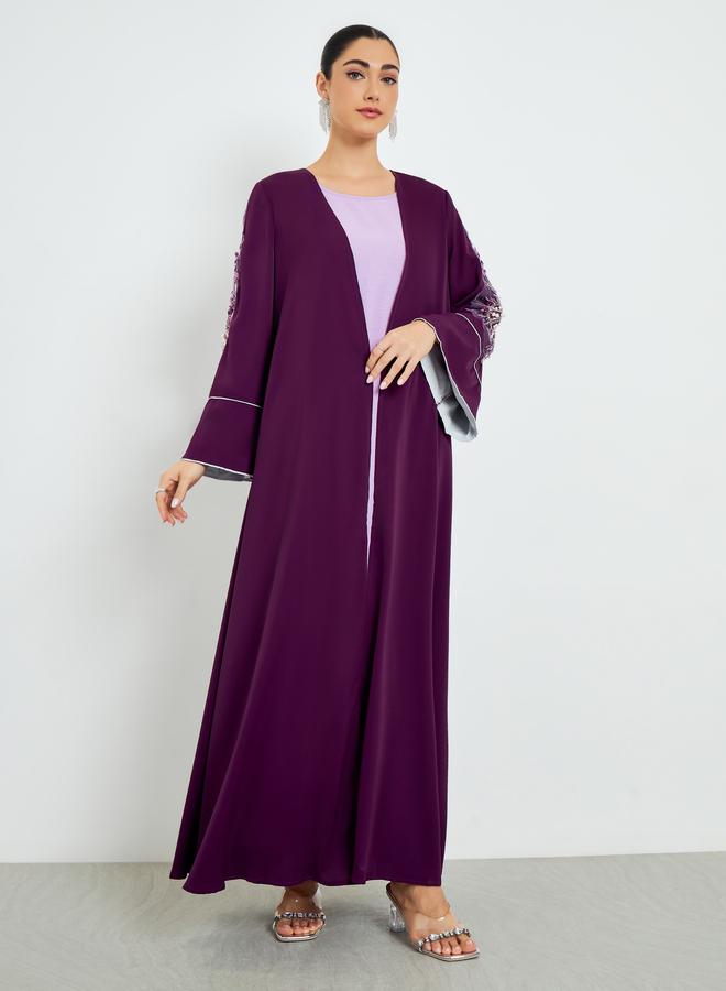 Amirah Burgundy Embroidered Sleeve A-Line Abaya - Image 3