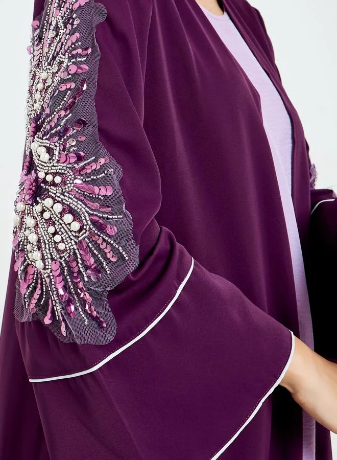Amirah  Burgundy Embroidered Sleeve A-Line Abaya for Women | Best Price UAE