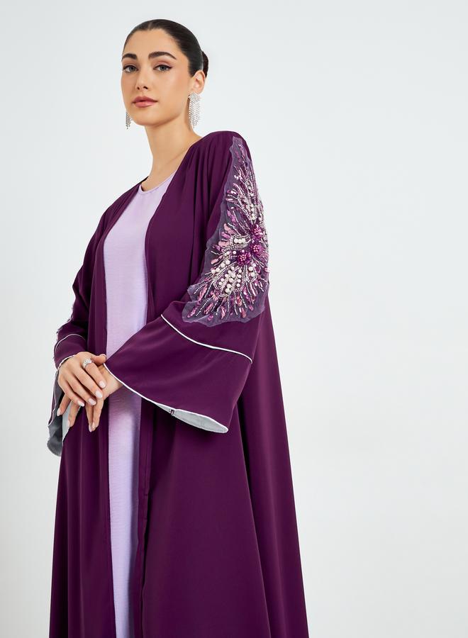 Amirah Burgundy Embroidered Sleeve A-Line Abaya - Image 2