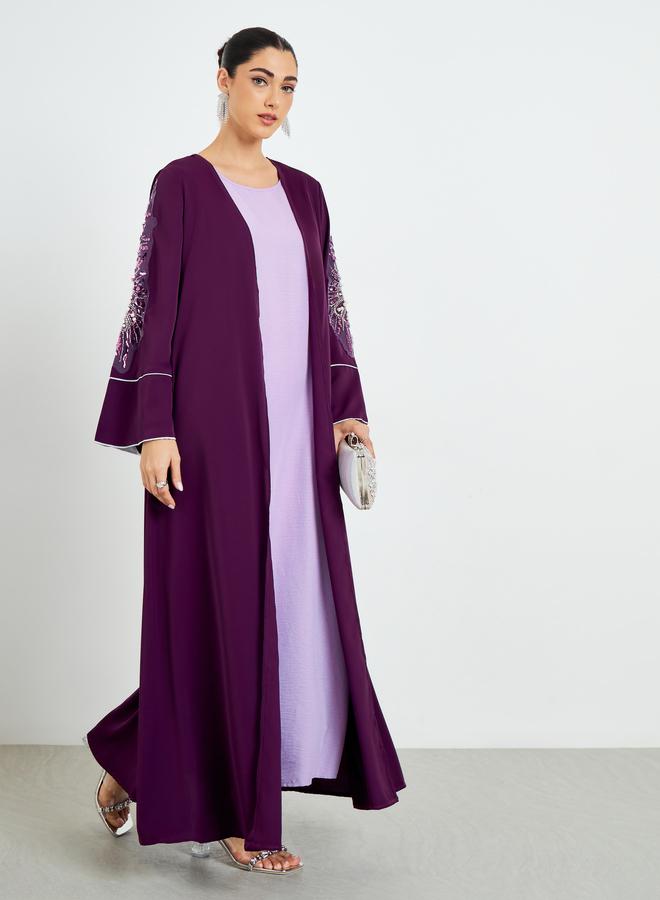 Amirah Burgundy Embroidered Sleeve A-Line Abaya - Image 1
