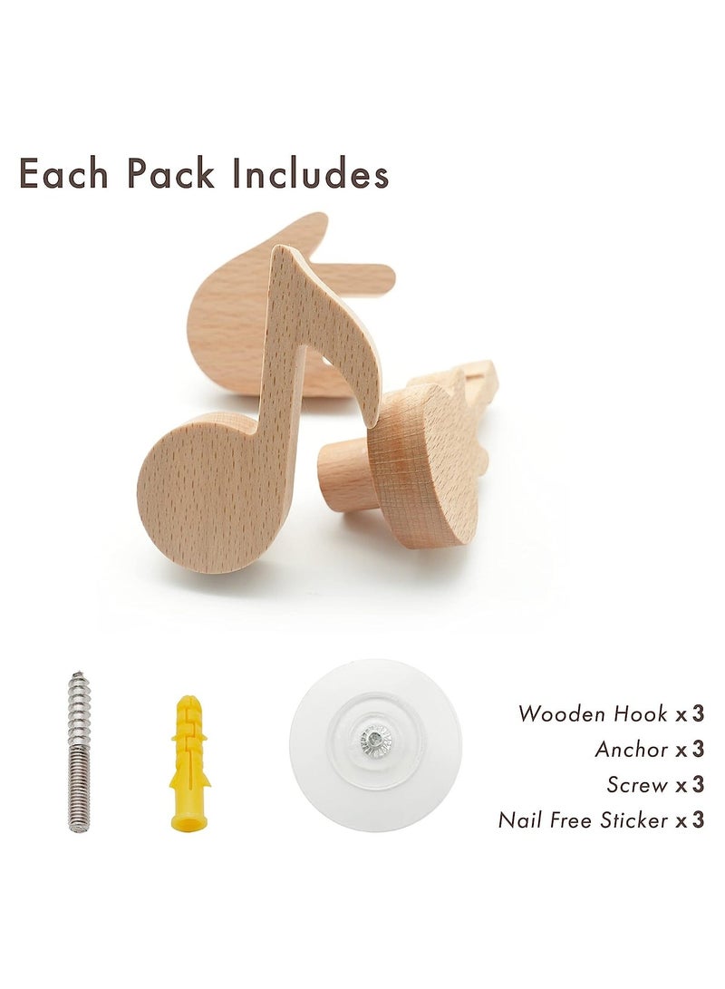 Wood Cute Coat Wall Hooks, Musical Note Guitar Hook, Modern Minimalist Decorative Coat Hooks Wall Mounted for Hanging Coats, Towel, Hat, Keys, Bag, 3 Pcs - Image 4