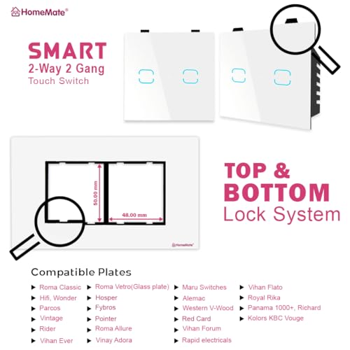 Home Mate HomeMate® WiFi+BLE 2-Way 2 Gang Touch Switch | No Hub Required | Dry Contact Switch | Home Automation | Compatible with Alexa and Google Home (1, White) - Image 2