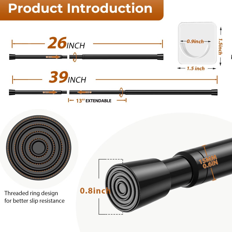 WEIXINHAI 2 Pack Spring Tension Curtain Rod for Windows 26 to 39 inch Black Small Tension Rod Adjustable Spring Curtain Rods No Drilling Short Tension Rod for Kitchen, Closet, Bathroom, Bookshelf - Image 2