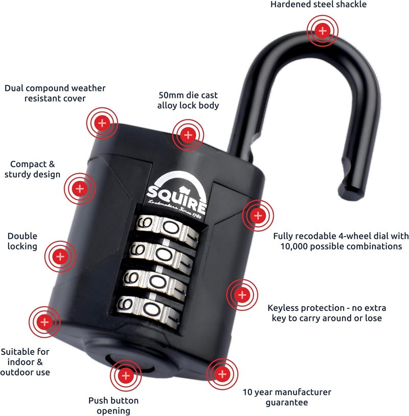 Squire Heavy Duty 4 Wheel Combination Padlock - 50mm Wide, Weatherproof, Alloy Steel - Image 5