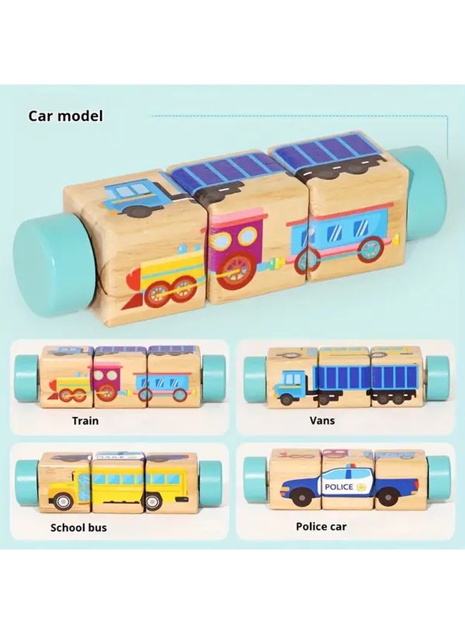 Wooden Animal Rotating Puzzle Blocks Car Toy For Early Education Hand Eye Coordination Training - Image 1