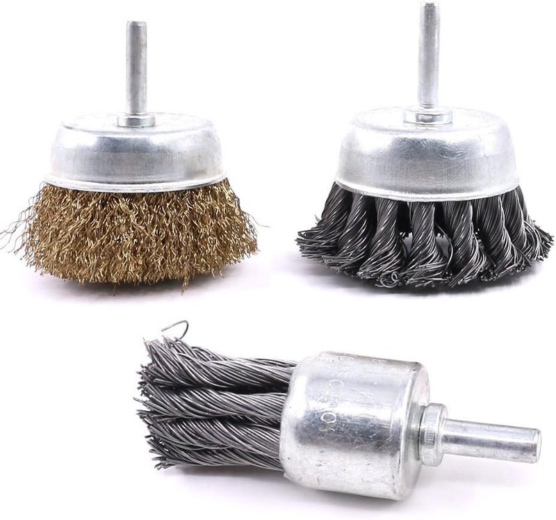 Glarks 3 Pack Knotted & Crimped Cup Steel Wire Wheels Brush & Carbon Knot Wire End Brush For Rust removal, Corrosion and Scrub Surfaces - Image 1