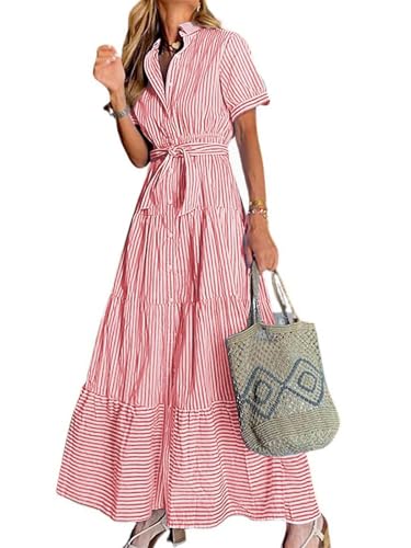 utcoco Womens Casual Short Sleeve Button Down Tie Waist Ruffled Striped Maxi Shirt Dress (Medium, Red) - Image 1