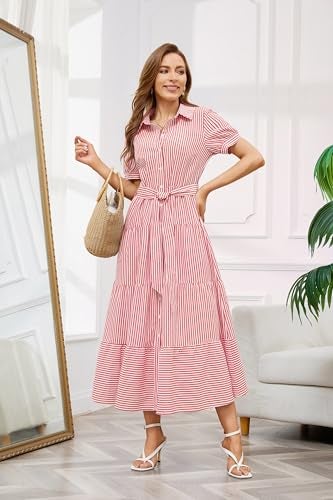 utcoco Womens Casual Short Sleeve Button Down Tie Waist Ruffled Striped Maxi Shirt Dress (Medium, Red) - Image 5