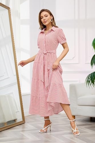 utcoco Womens Casual Short Sleeve Button Down Tie Waist Ruffled Striped Maxi Shirt Dress (Medium, Red) - Image 2