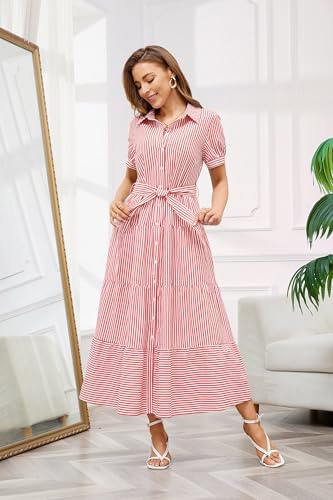 utcoco Womens Casual Short Sleeve Button Down Tie Waist Ruffled Striped Maxi Shirt Dress (Medium, Red) - Image 3
