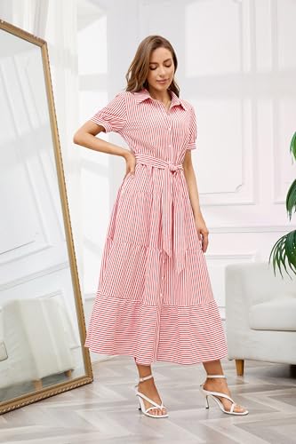 utcoco Womens Casual Short Sleeve Button Down Tie Waist Ruffled Striped Maxi Shirt Dress (Medium, Red) - Image 4