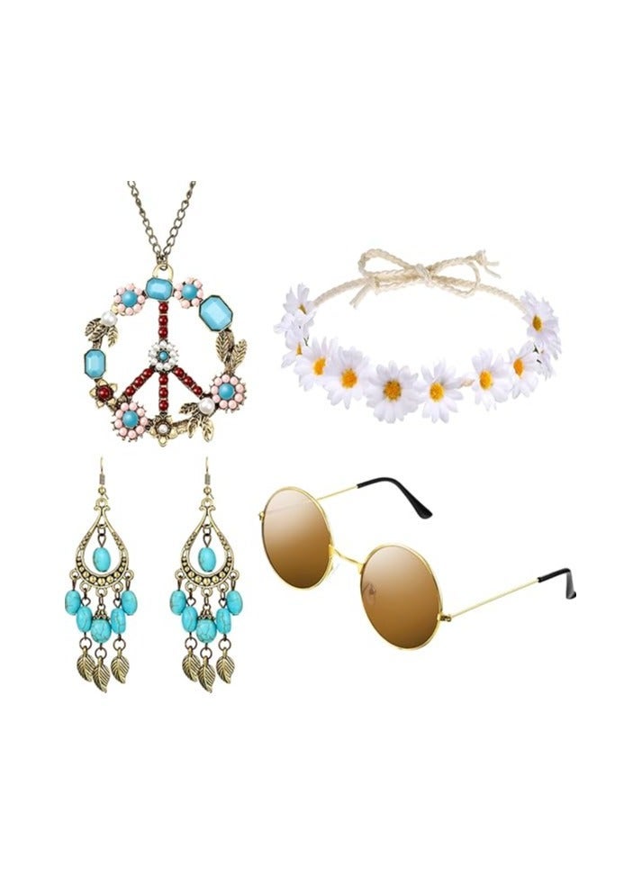 Loquat Hippie Costume Set - Sunglasses, Headband, Peace Sign Necklace, and Earring (Turquoise Style) 60's 70's Retro Accessories - Image 1