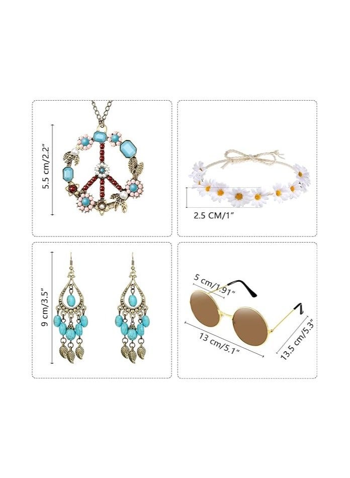 Loquat Hippie Costume Set - Sunglasses, Headband, Peace Sign Necklace, and Earring (Turquoise Style) 60's 70's Retro Accessories - Image 2