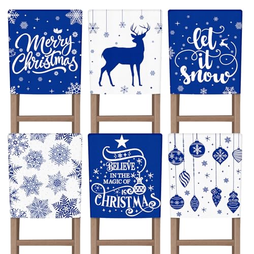 VitalCozy Set of 6 Christmas Chair Covers Blue Merry Christmas Dining Chair Seat Covers for Xmas Dining Room Decoration Kitchen Wedding Hotel Holiday Party Decor - Image 1