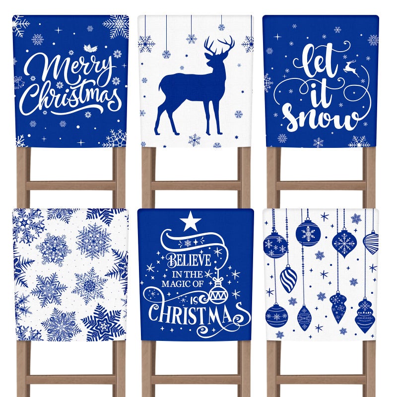 VitalCozy Set of 6 Christmas Chair Covers Blue Merry Christmas Dining Chair Seat Covers for Xmas Dining Room Decoration Kitchen Wedding Hotel Holiday Party Decor - Image 2