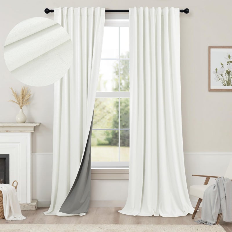 Pitalk Living Room Curtains 84 Inches Long Faux Linen Darkening Curtain for Bedroom Boho Burlap Full Blackout Soundproof Thermal Insulated Drapes for Nursery Room Divider 52x84 Length 2 Panel Ivory Off White - Image 1