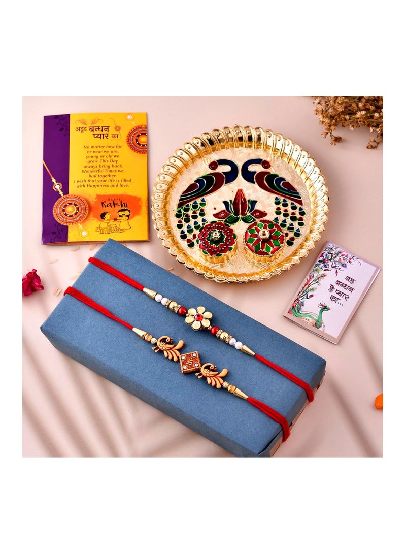 CraftVatika Rakhi for Brother Puja Thali Gift Combo Set of 2 Peacock Rakhi for Brother Bhaiya Men Boy with Kumkum Pooja Thali Set Rakhis for Brother - Image 1
