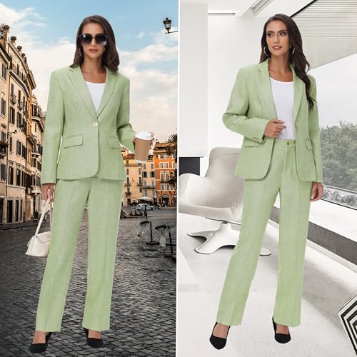 TRONSTORE Women's Suit 2 Piece Set Business Pants Suit for Women Pinstripe Houndstooth Blazer Green L - Image 3