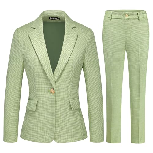 TRONSTORE Women's Suit 2 Piece Set Business Pants Suit for Women Pinstripe Houndstooth Blazer Green L - Image 1