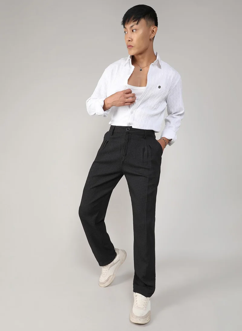 Campus Sutra  Men's Charcoal Black Textured Graph Check Trousers For Casual Wear | 4 Pockets | Mid- Rise | Button Closure | Trousers Crafted With Comfort Fit For Everyday Wear for Men | Best Price UAE