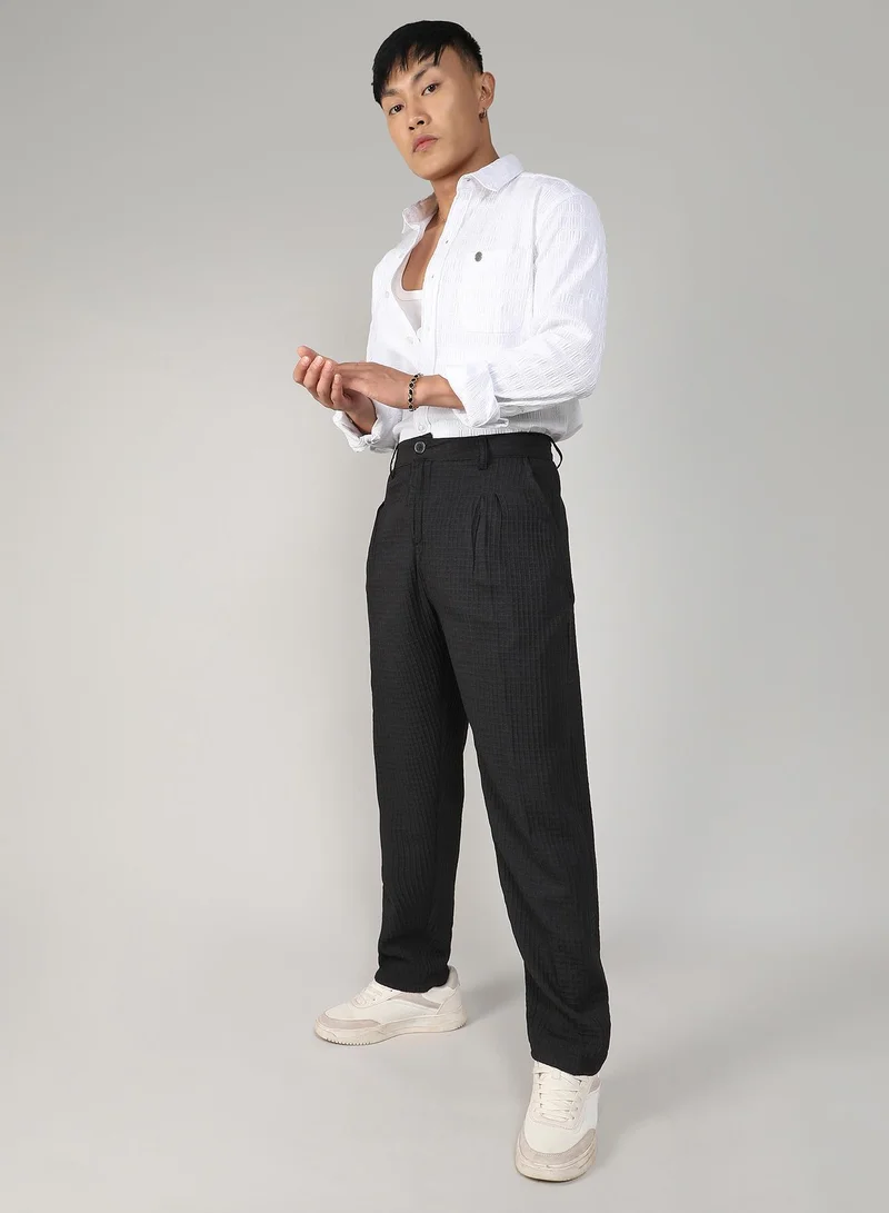 Campus Sutra  Men's Charcoal Black Textured Graph Check Trousers For Casual Wear | 4 Pockets | Mid- Rise | Button Closure | Trousers Crafted With Comfort Fit For Everyday Wear for Men | Best Price UAE