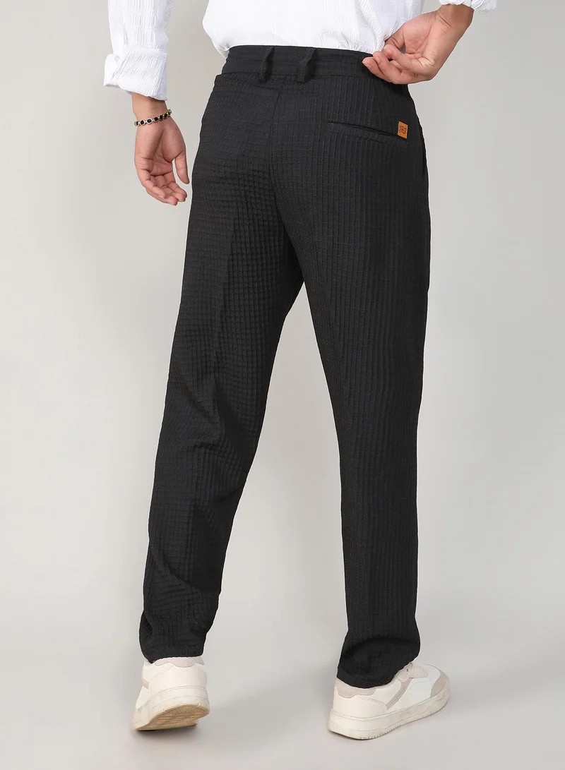 Campus Sutra  Men's Charcoal Black Textured Graph Check Trousers For Casual Wear | 4 Pockets | Mid- Rise | Button Closure | Trousers Crafted With Comfort Fit For Everyday Wear for Men | Best Price UAE