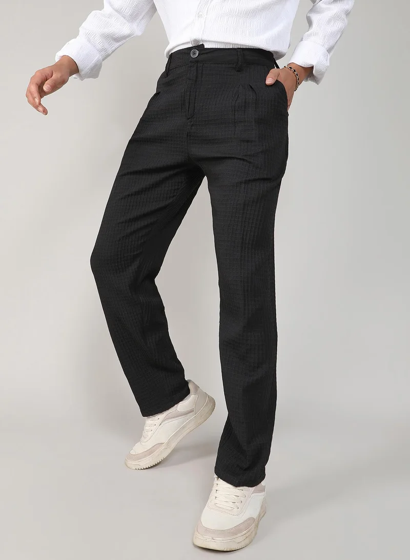 Campus Sutra  Men's Charcoal Black Textured Graph Check Trousers For Casual Wear | 4 Pockets | Mid- Rise | Button Closure | Trousers Crafted With Comfort Fit For Everyday Wear for Men | Best Price UAE