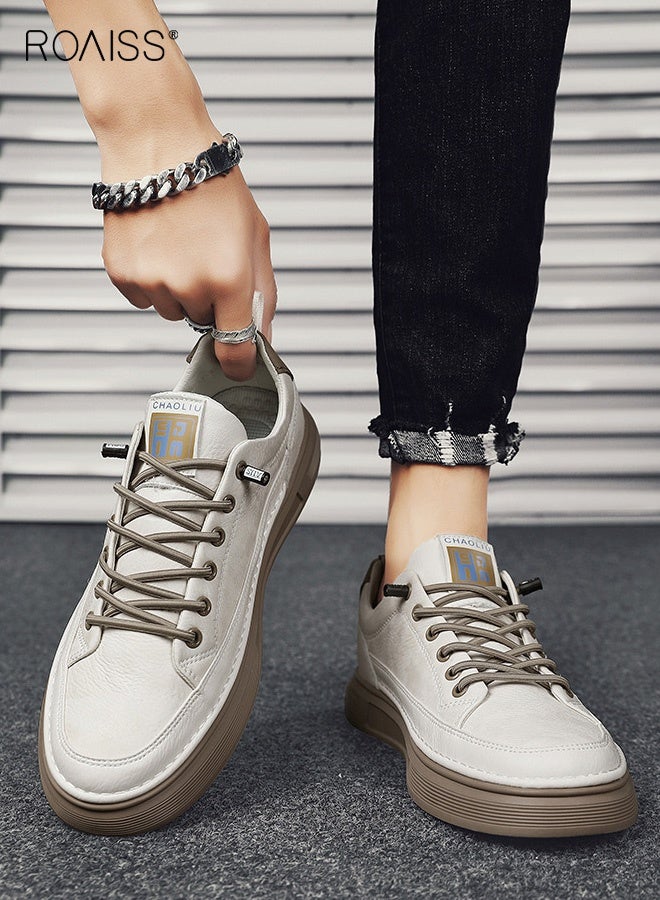 رويس حذاء رياضي رجالي جلدي سهل الارتداء، مريح، مانع للانزلاق، مقدمة دائرية، منخفض، مطاطي، متعدد الاستخدامات، مناسب للارتداء اليومي، الرياضة، العمل، حذاء مسطح، لون بيج - Image 1