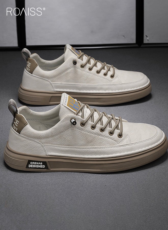 رويس حذاء رياضي رجالي جلدي سهل الارتداء، مريح، مانع للانزلاق، مقدمة دائرية، منخفض، مطاطي، متعدد الاستخدامات، مناسب للارتداء اليومي، الرياضة، العمل، حذاء مسطح، لون بيج - Image 4