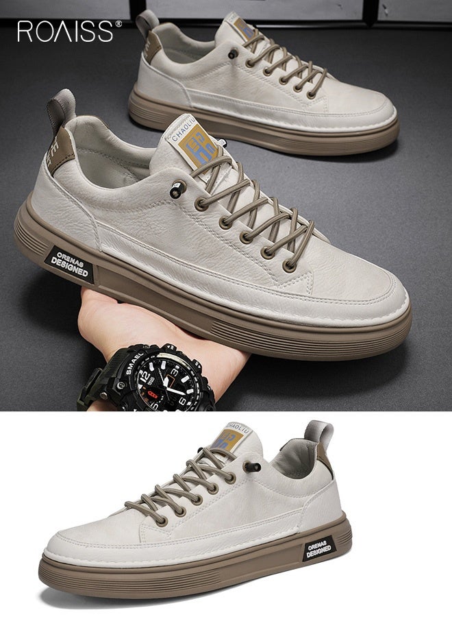 رويس حذاء رياضي رجالي جلدي سهل الارتداء، مريح، مانع للانزلاق، مقدمة دائرية، منخفض، مطاطي، متعدد الاستخدامات، مناسب للارتداء اليومي، الرياضة، العمل، حذاء مسطح، لون بيج - Image 3