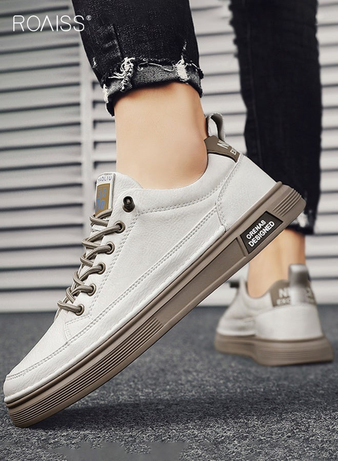 رويس حذاء رياضي رجالي جلدي سهل الارتداء، مريح، مانع للانزلاق، مقدمة دائرية، منخفض، مطاطي، متعدد الاستخدامات، مناسب للارتداء اليومي، الرياضة، العمل، حذاء مسطح، لون بيج - Image 2